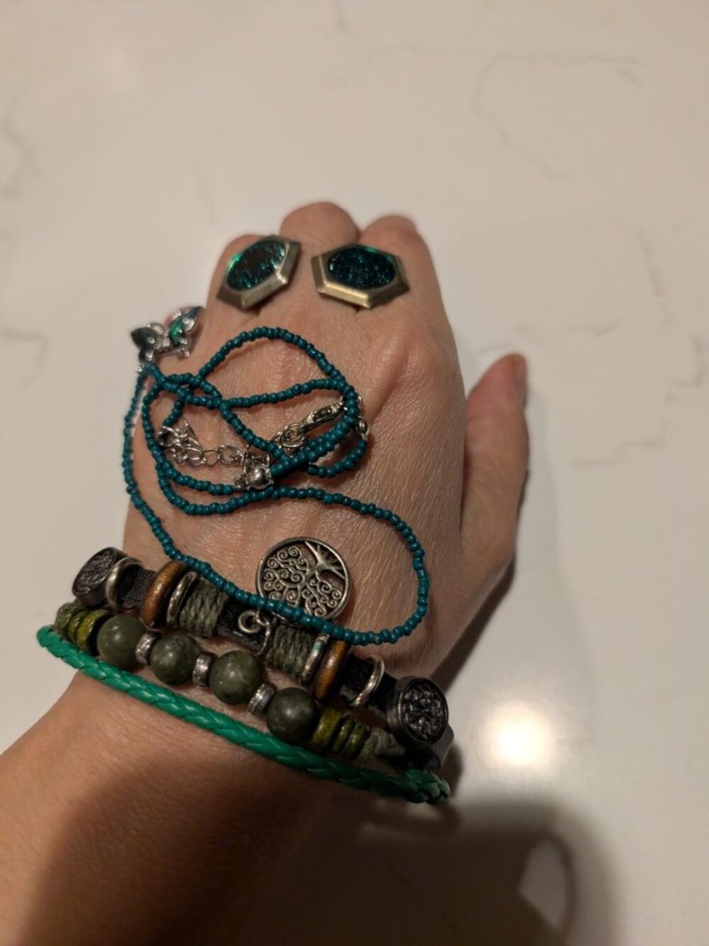 Vintage Jewelry Set: Leather-Adjustable Bracelet, Earrings, Ring, Necklac